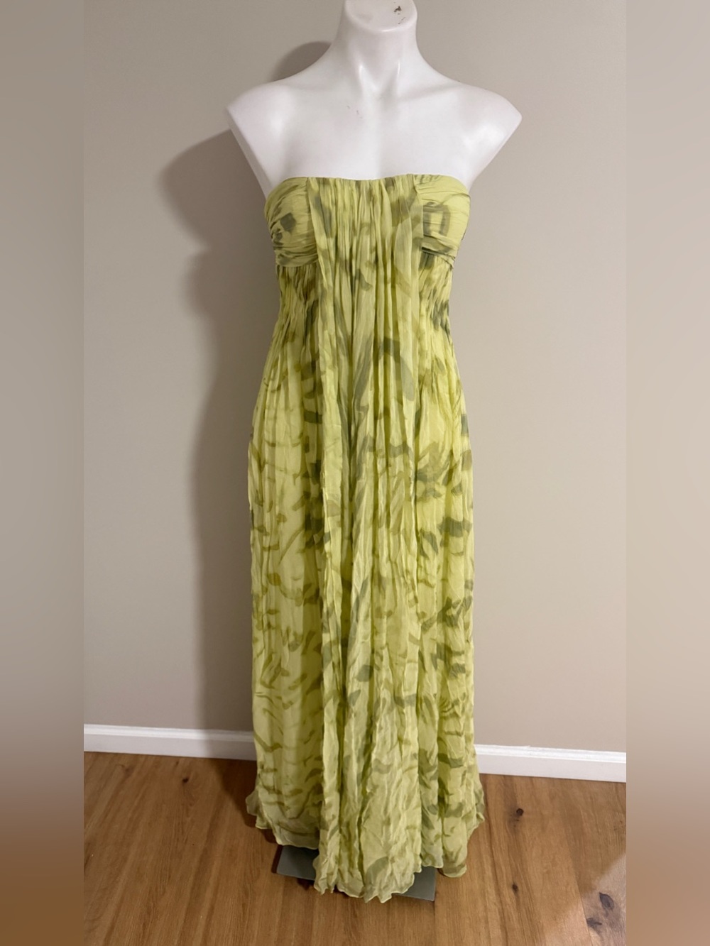Halston Heritage Strapless Silk Chiffon Gown Dress Camomile Green Maxi - Picture 10 of 15